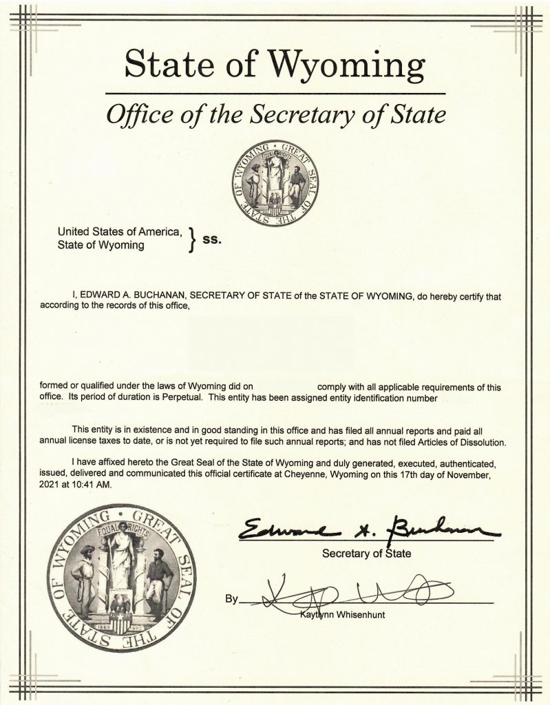 Generic Certificate of Good Standing from the State of Wyoming